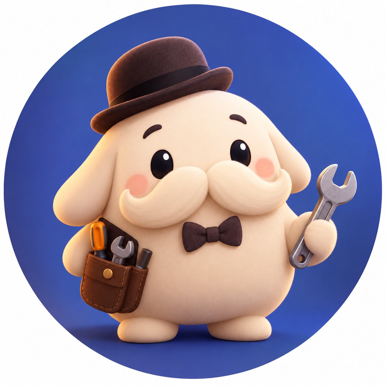 A cream gentling wearing a bowler hat, moustache and bow tie, with a tool pouch and wrench